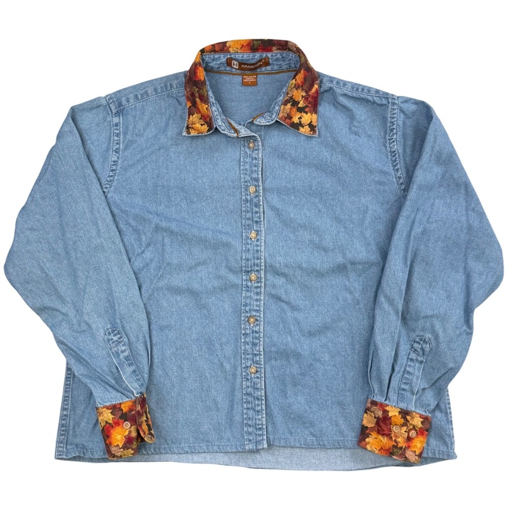 Denim Button Down Shirt Fall Leaves Trim Cottagecore Harvest Large Harriton‎